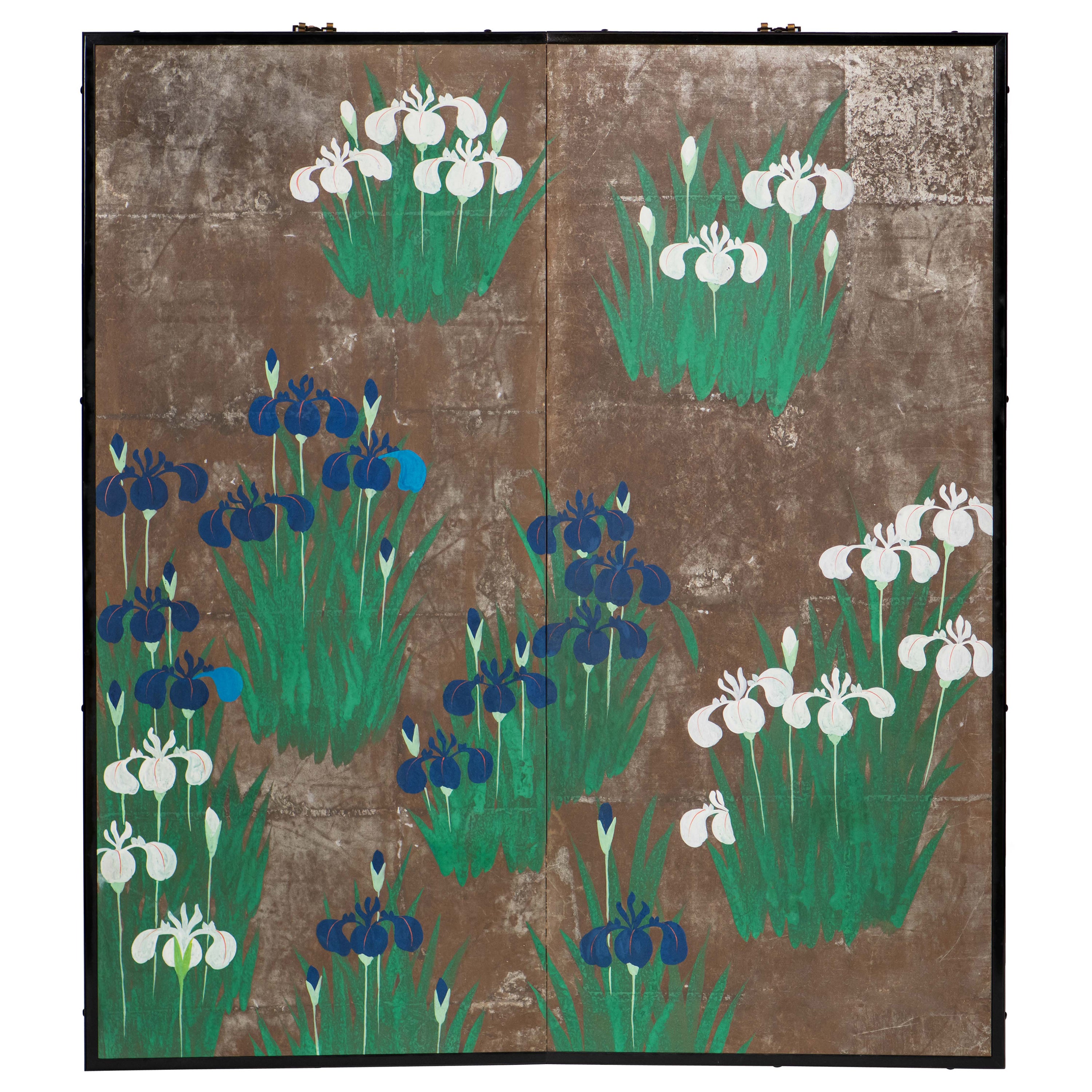 Hand Painted Japanese Folding Screen Byobu of Irises For Sale