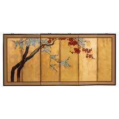 Hand Painted Japanese Folding Screen Byobu of Red and White Plum Blossom