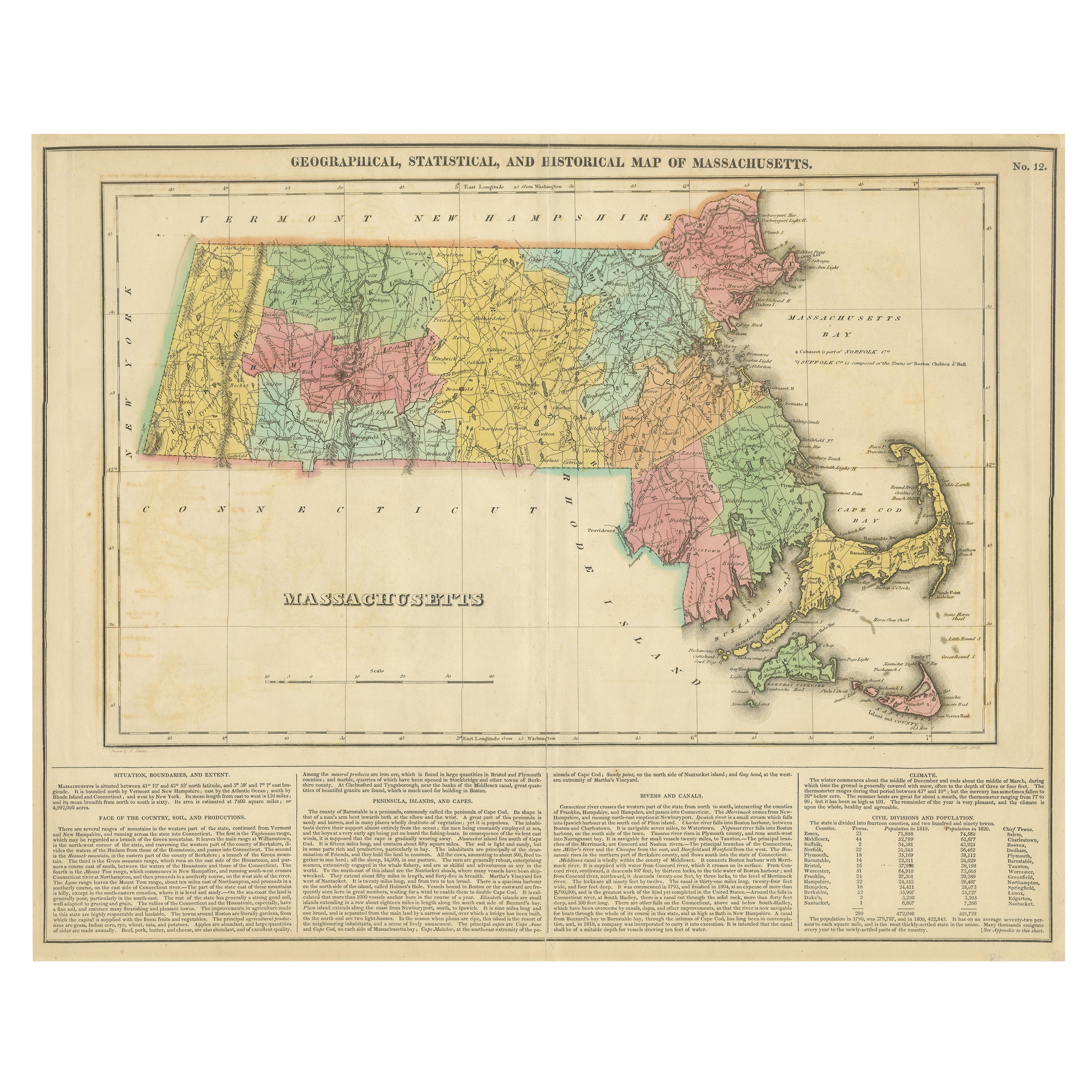 Antique Geographical, Historical and Statistical Map of Massachusetts, 1822 For Sale