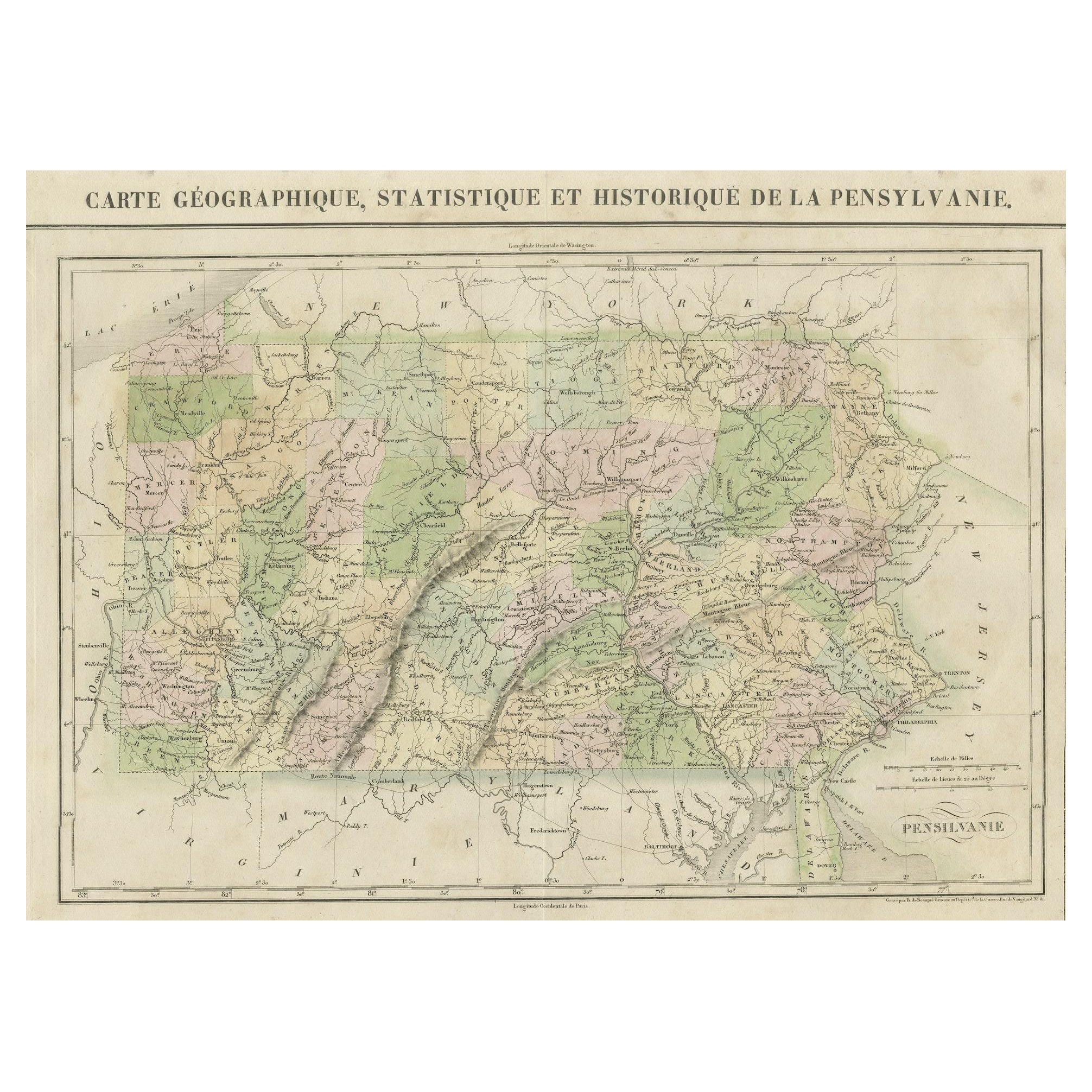 French Geographical, Statistical and Historical Map of Pensylvania, 1825 For Sale