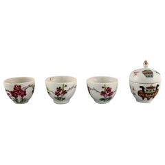 Antique Chinese Lidded Jar and Three Cups in Hand-Painted Porcelain