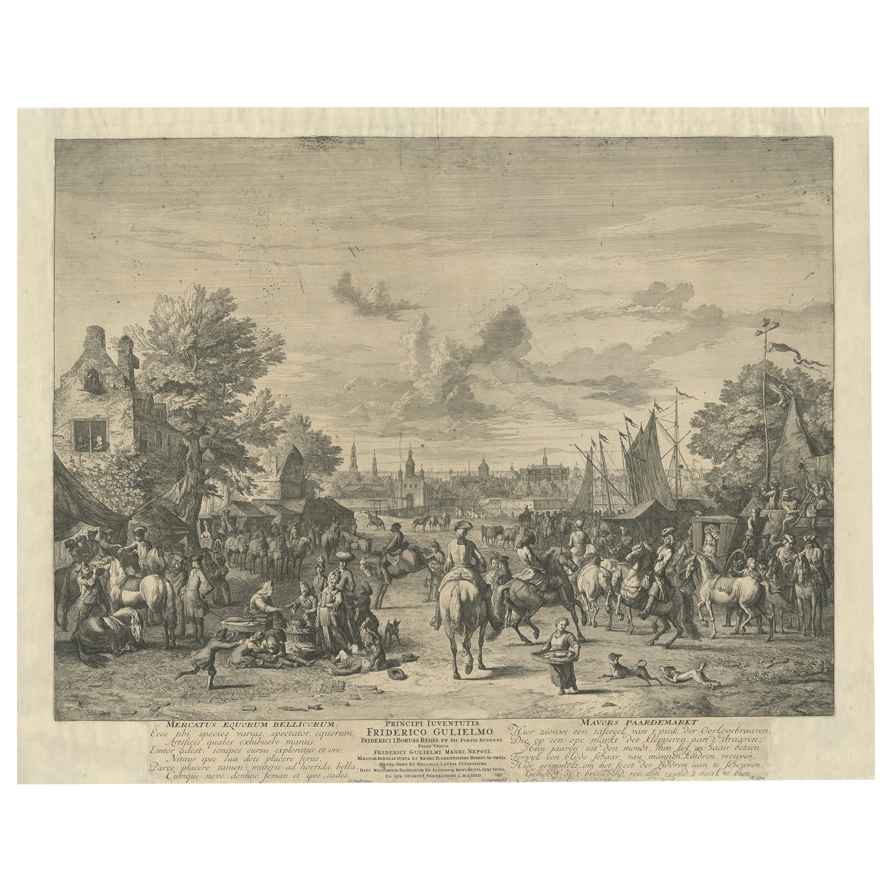 Grande gravure rare d'un marché de chevaux de guerre, vers 1720