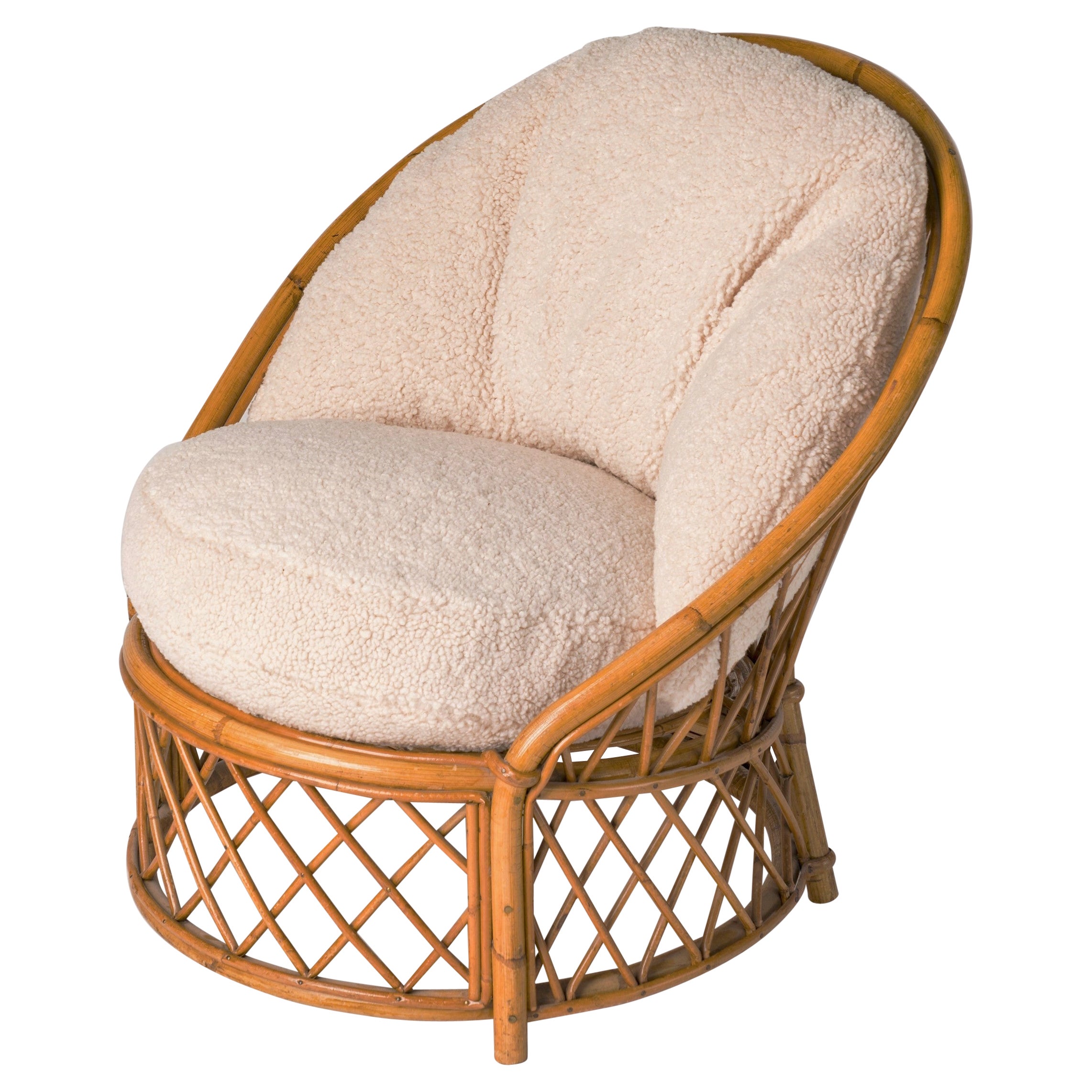 Signed Bergère Rattan Chair by Audoux Minnet w. Cream Bouclé Cushions, France