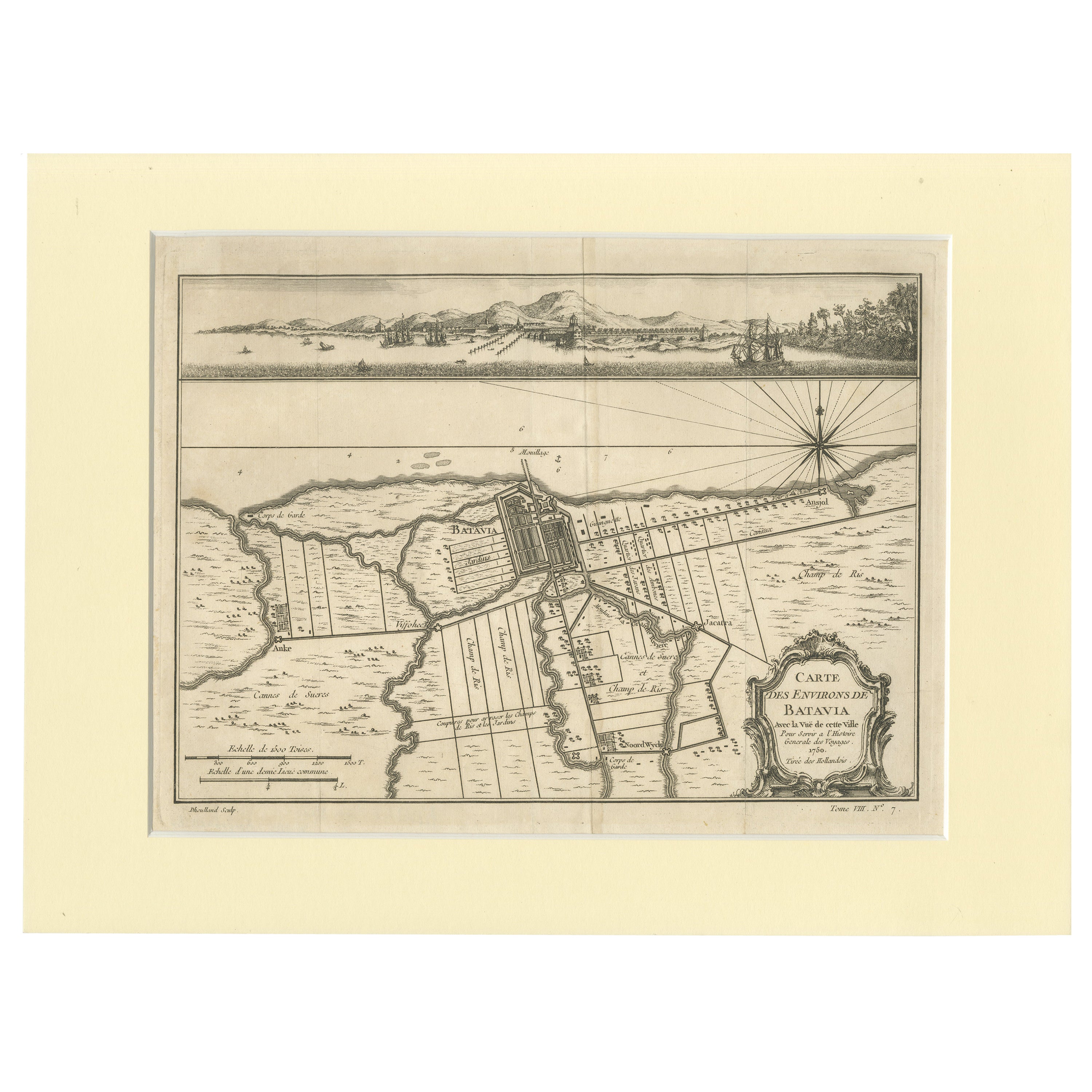 Old Engraving of Batavia 'Jakarta, Indonesia' with Map and Harbour View, 1750 For Sale
