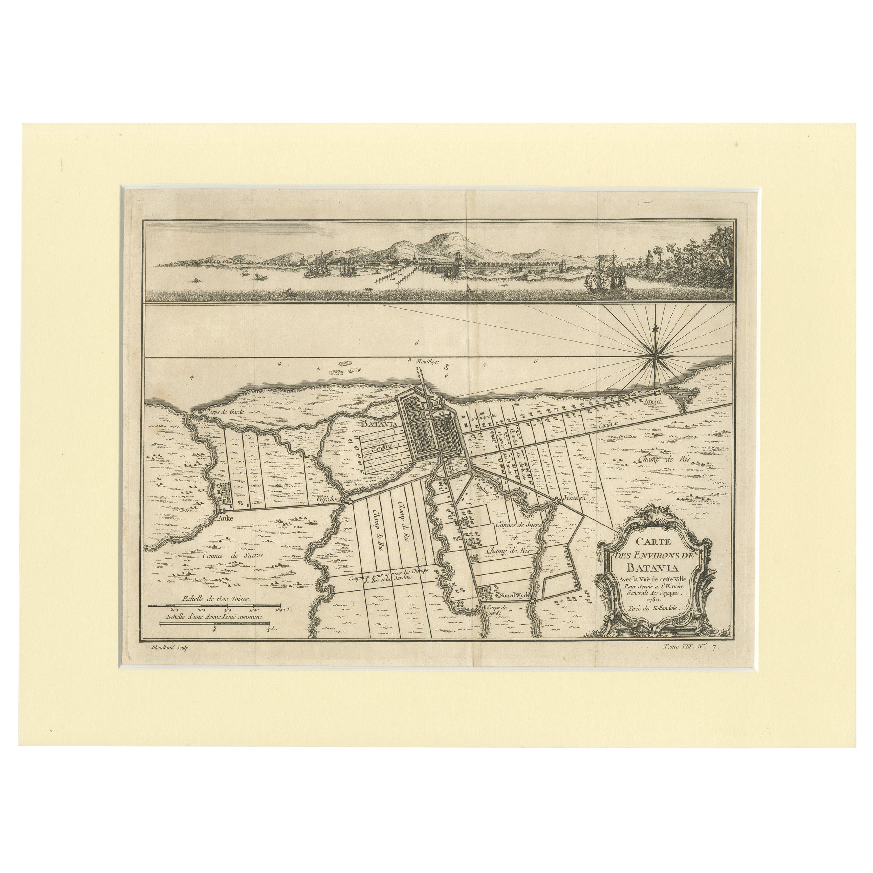 Old Engraving von Batavia „Jakarta, Indonesien“ mit Karte und Hafenansicht, 1750
