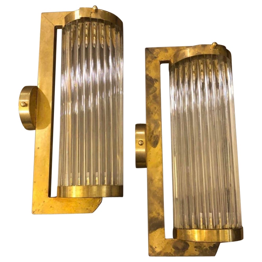 1970s Set of Two Mid-Century Modern Brass and Glass Italian Cinema Wall Sconces