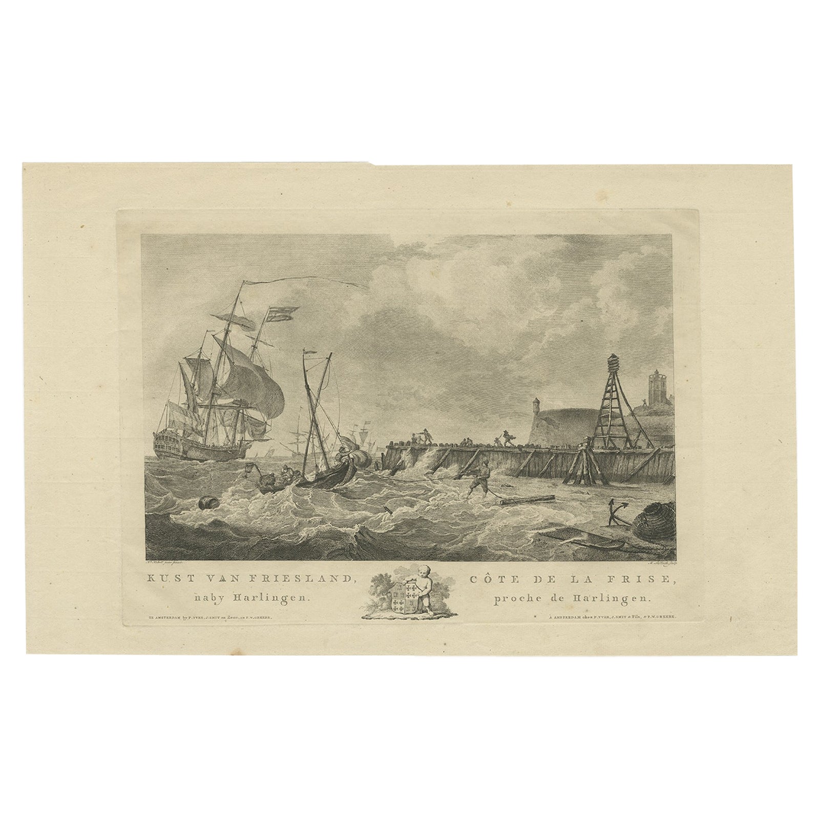 Impression ancienne de la côte de Harlingen, port du Friesland, vers 1780