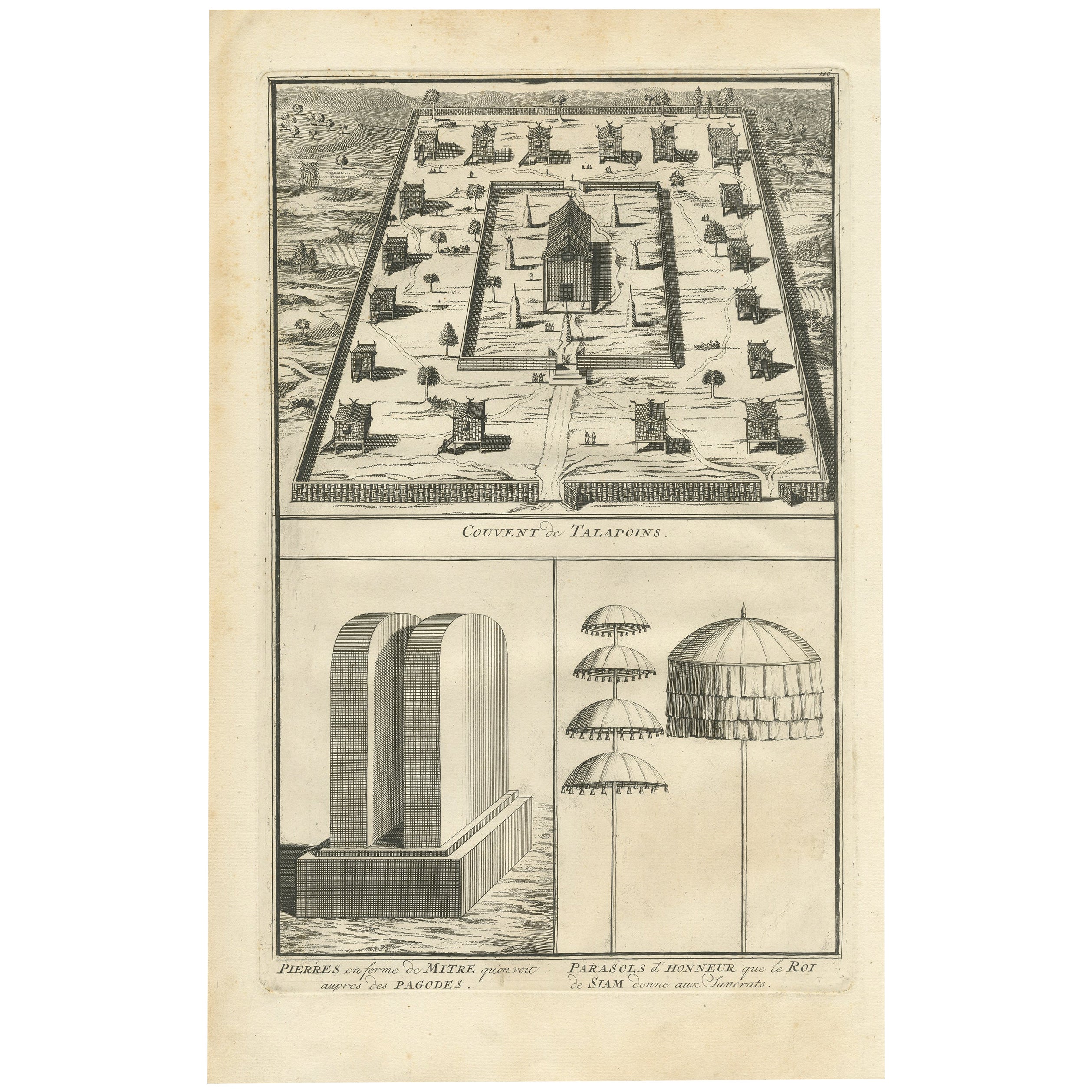 Antique Print of the Convent of Buddhist Monks in Myanmar or Siam, Asia, c.1730 For Sale