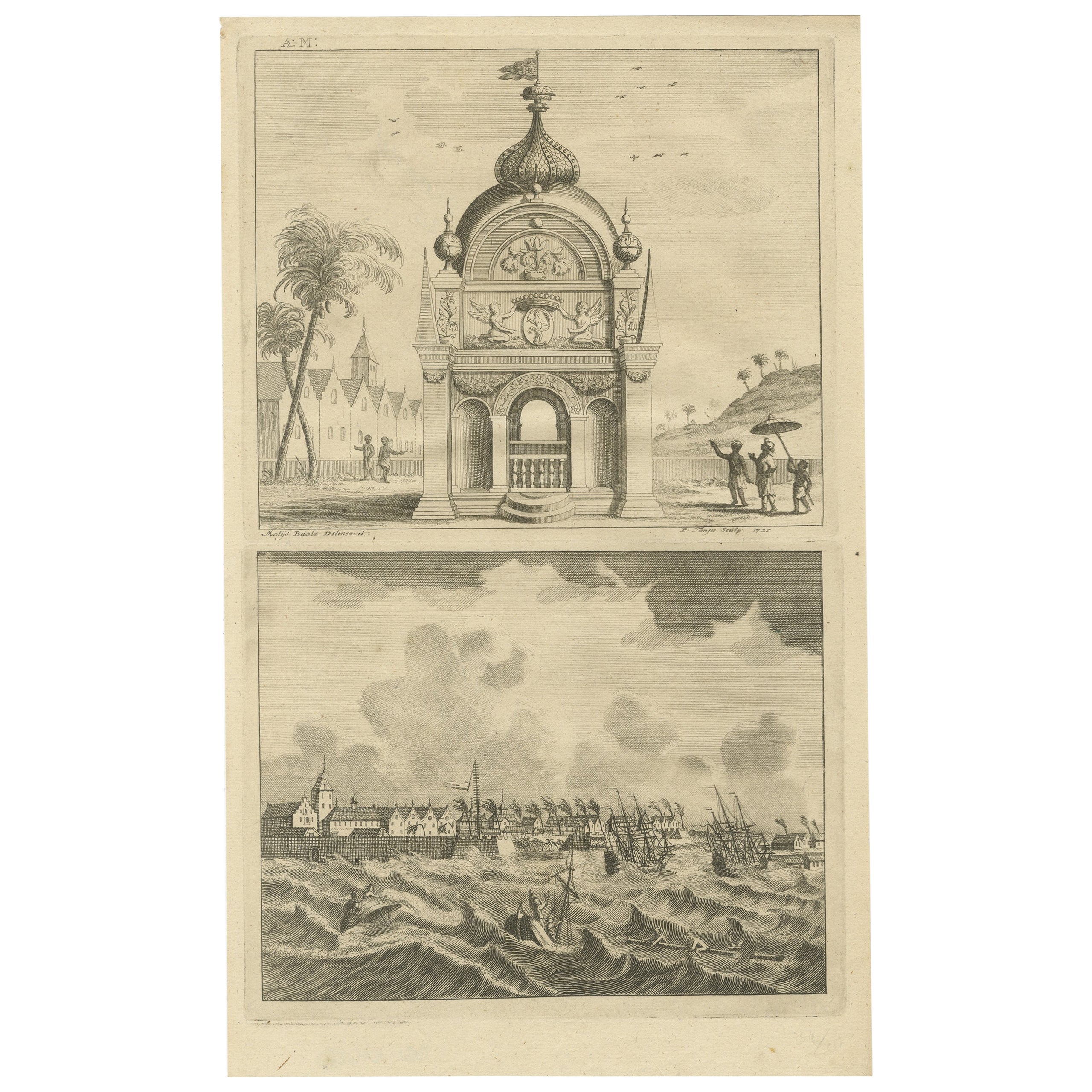 Impression ancienne de la côte de Coromandel en Inde, 1726