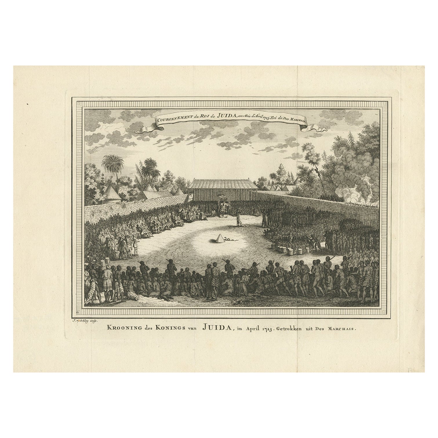 Antique Print of the Coronation of the King of Ouidah in Africa, 1748 For Sale