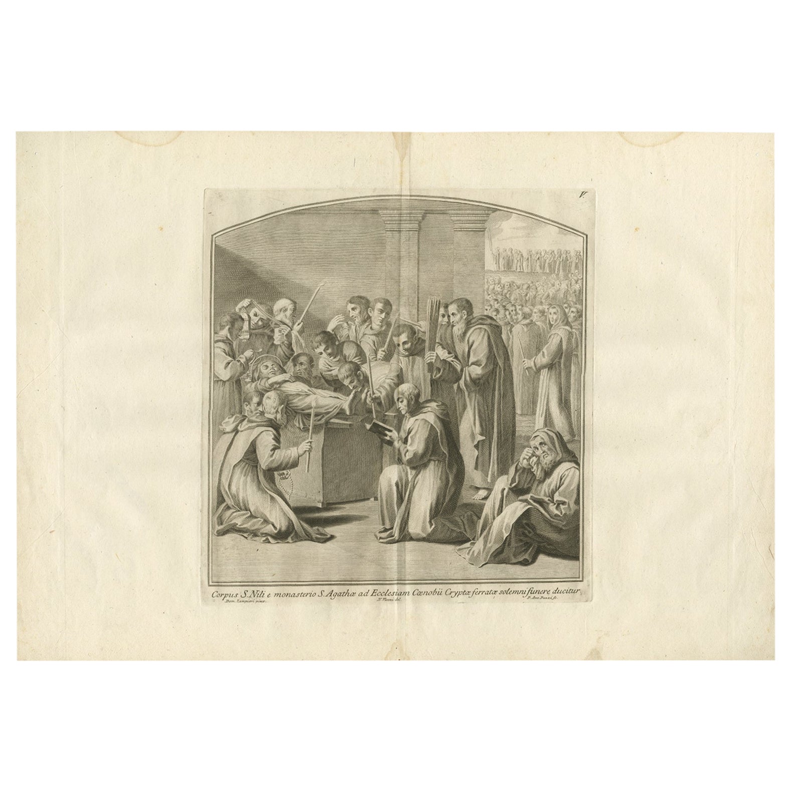 Antique Print of the Corpse of Saint Nilus by Pazzi, 1762 For Sale