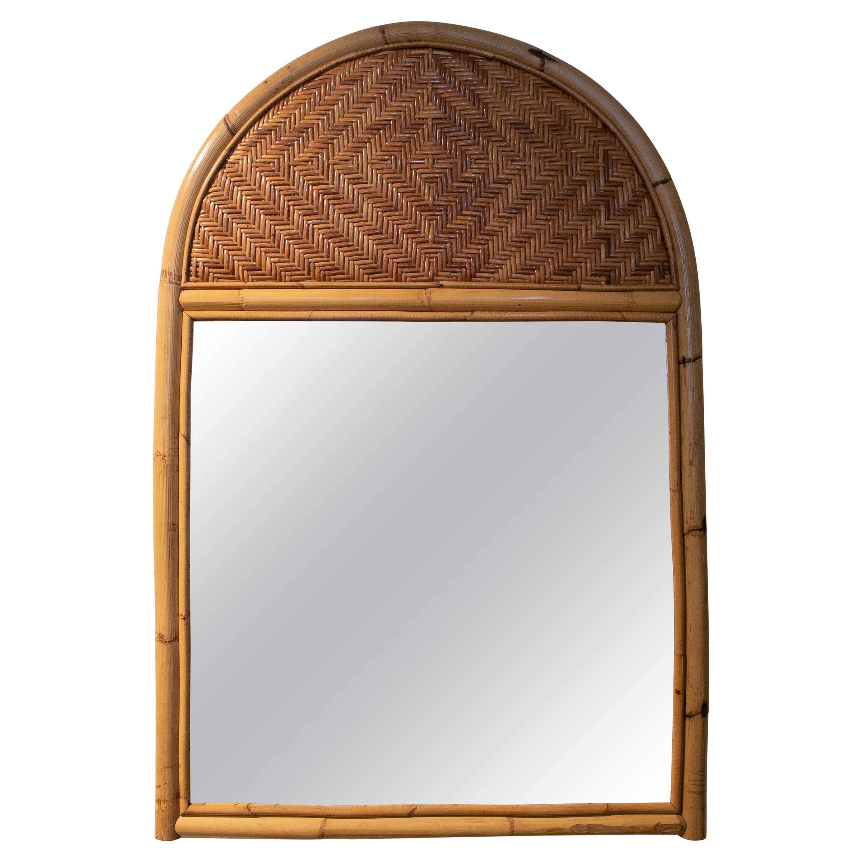 1980s Wicker and Bamboo Wall Mirror For Sale