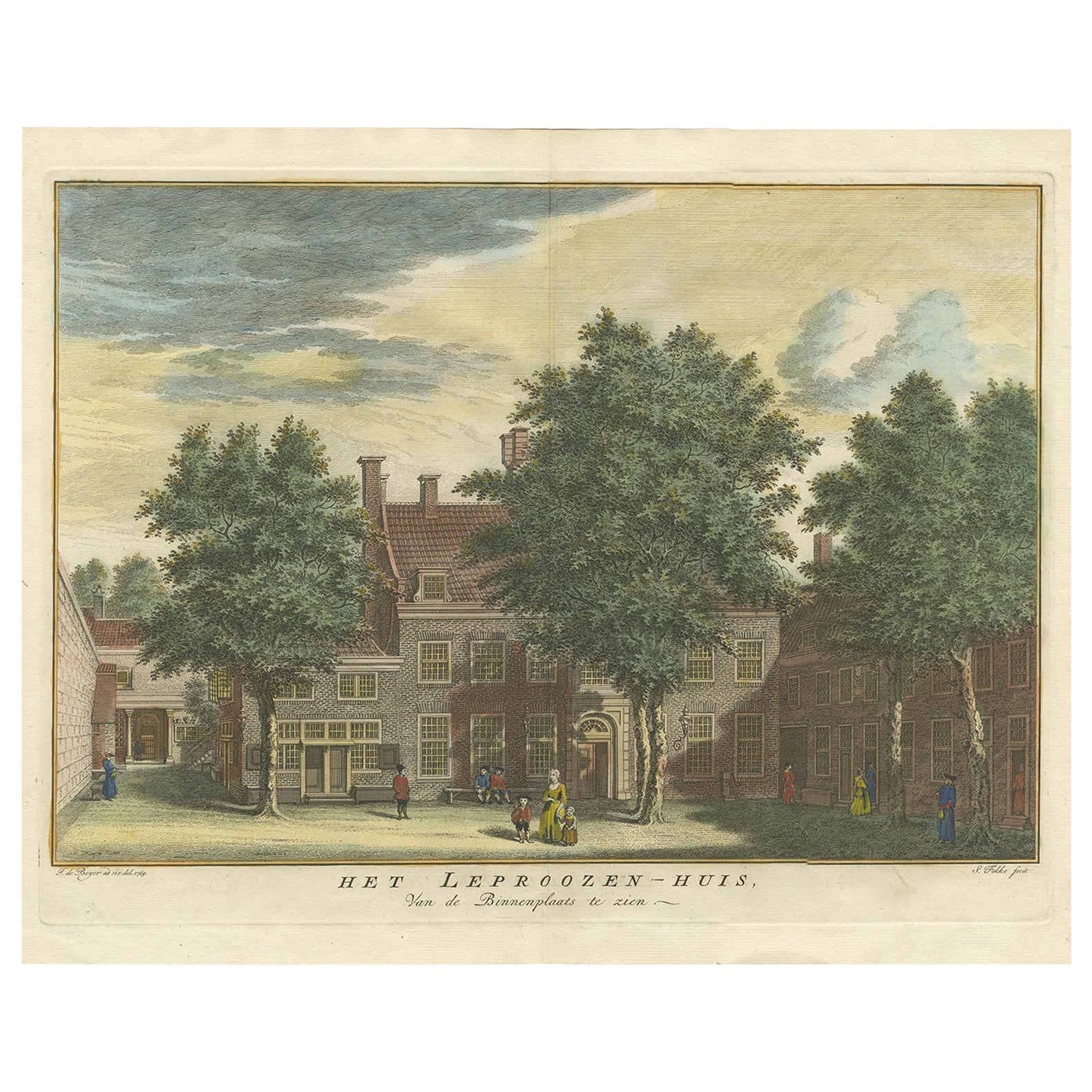 Antique Print of the Court of the 'Leprozenhuis' in Amsterdam by Fokke, 1765 For Sale
