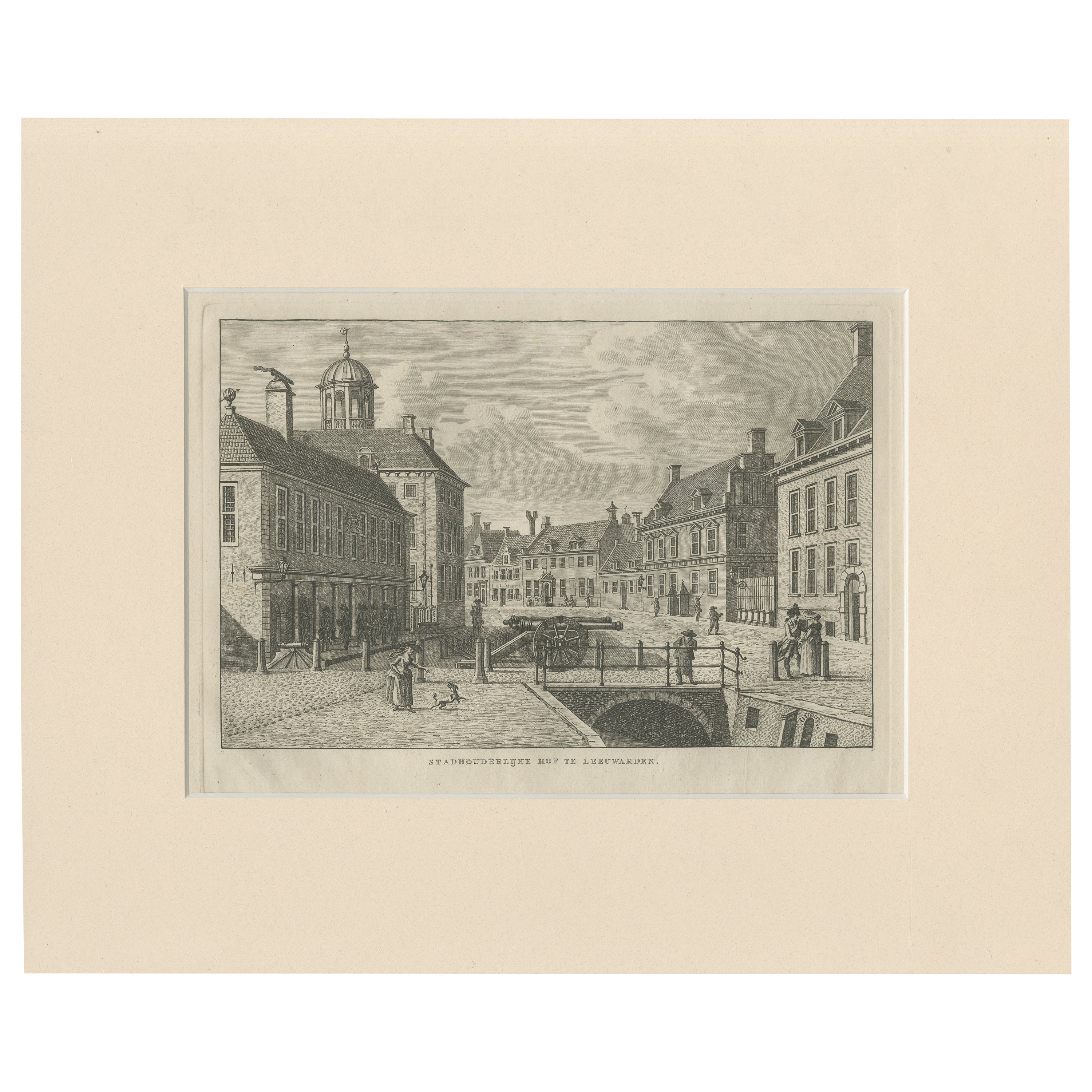 Stampa antica del cortile di Leeuwarden, Frisia, Paesi Bassi, 1790 ca.