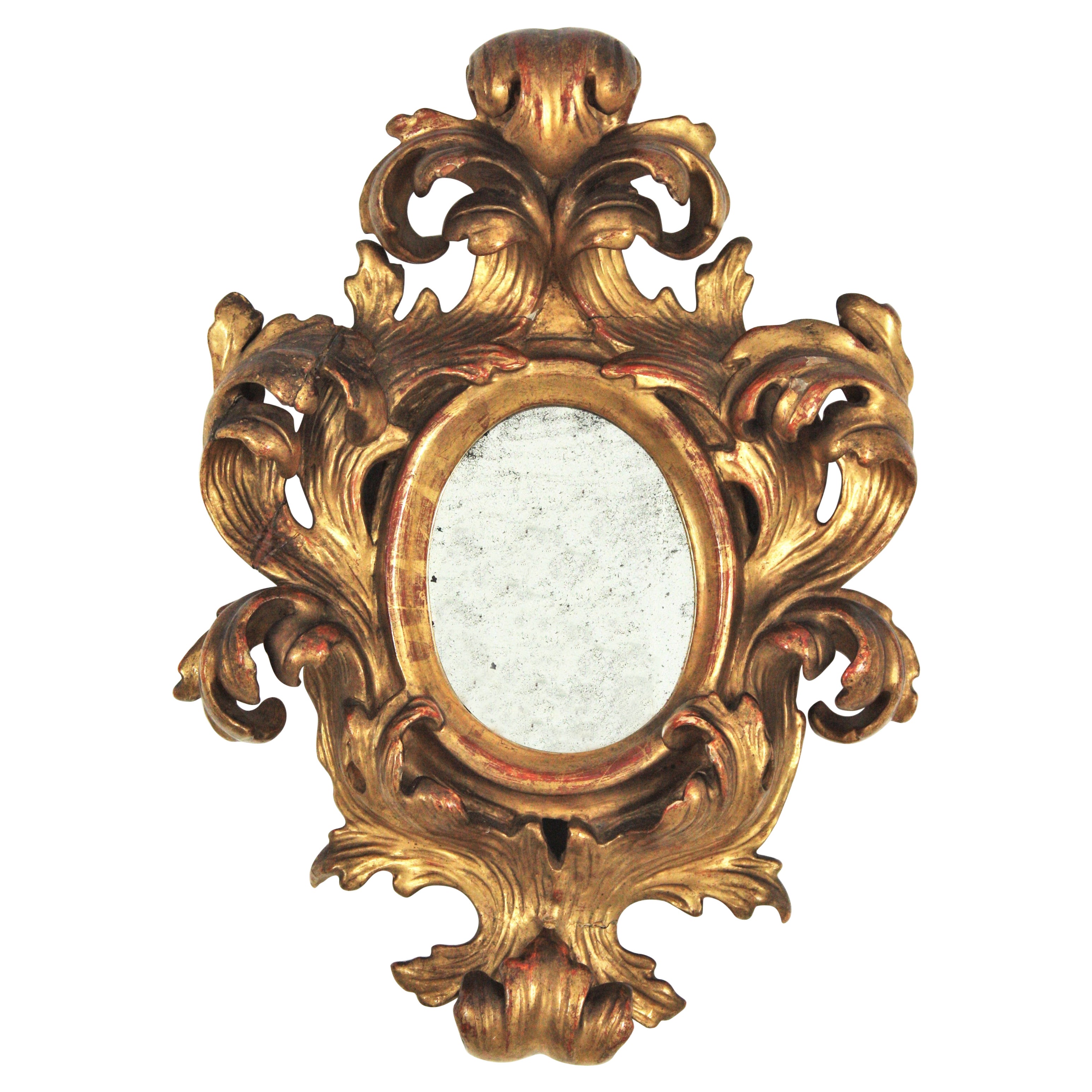 Spanish Rococo Carved Giltwood Mini Sized Mirror with Crest For Sale