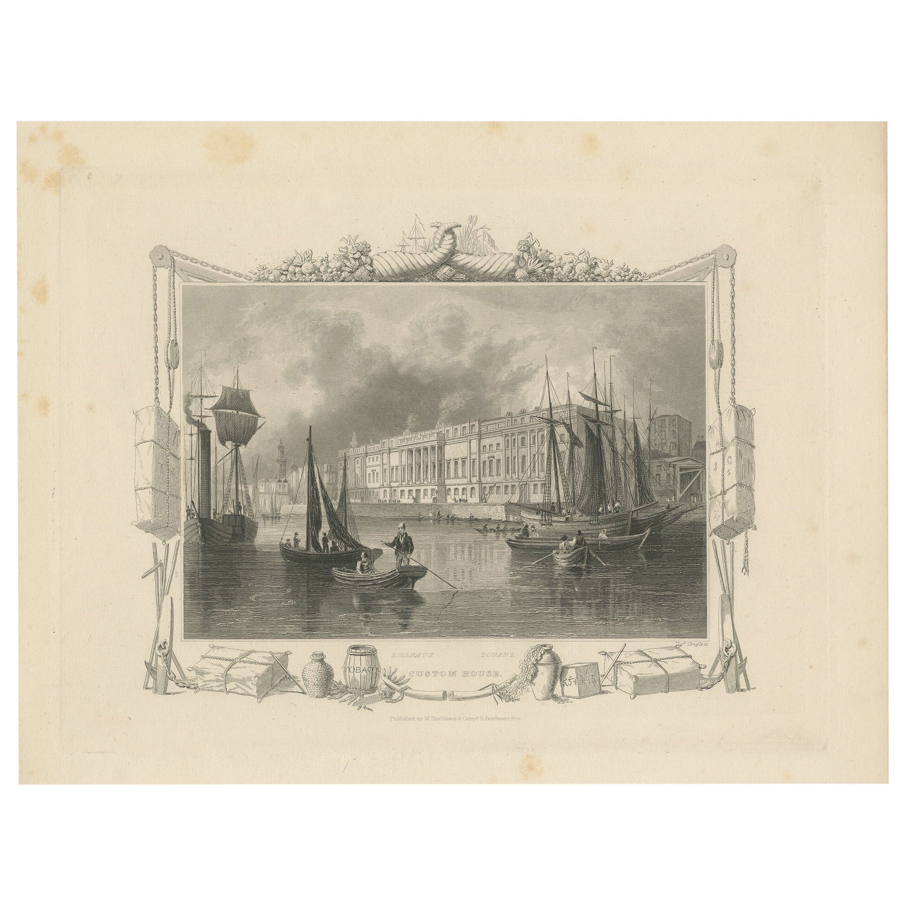 Antique Print of the Custom House by Tombleson, circa 1834 For Sale
