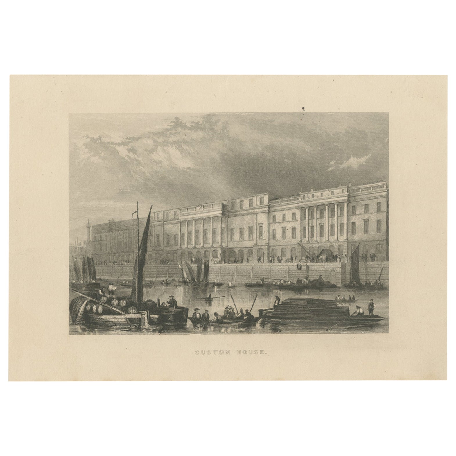 Antique Print of the Custom House of London, circa 1840 For Sale
