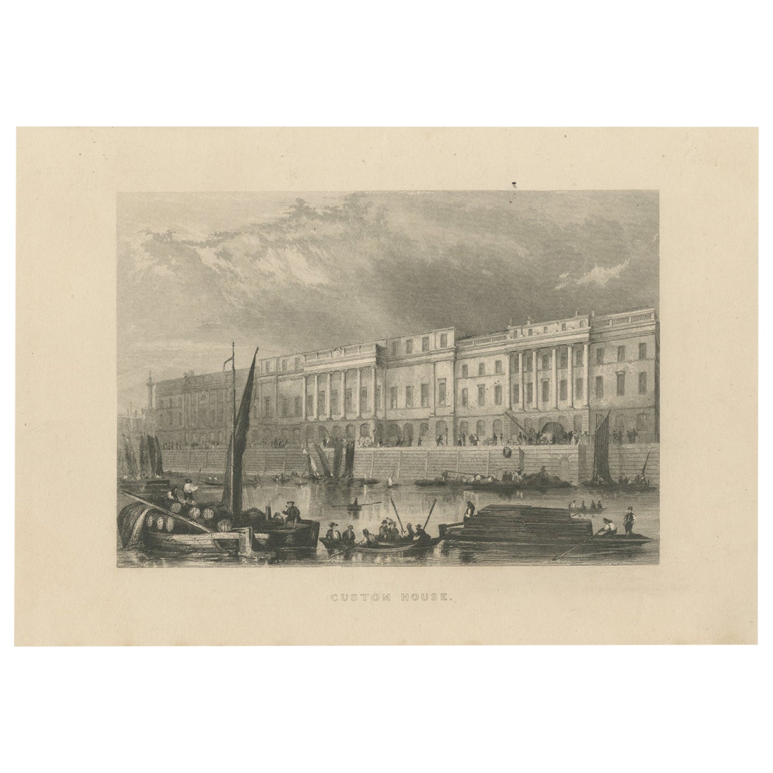 Antique Print of the Custom House of London, circa 1840