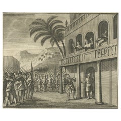 Print of the Death of Bowaneca Bahu Maha Raja, Shot by the Portugese in Ceylon