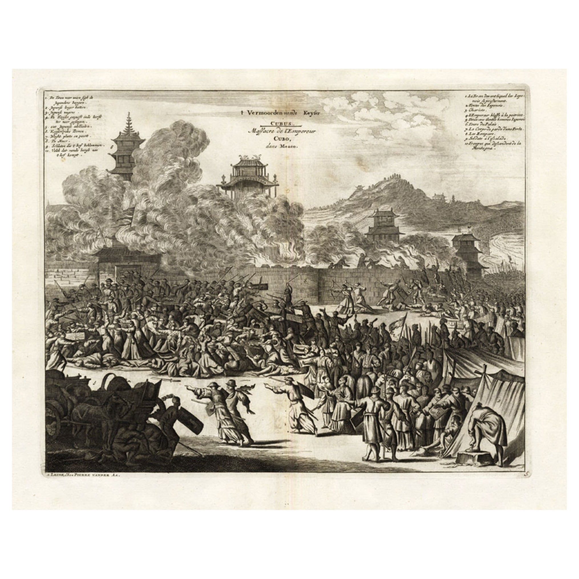Antique Print of the Death of Emperor Cubo at Kyoto, Japan, ca. 1725 For Sale