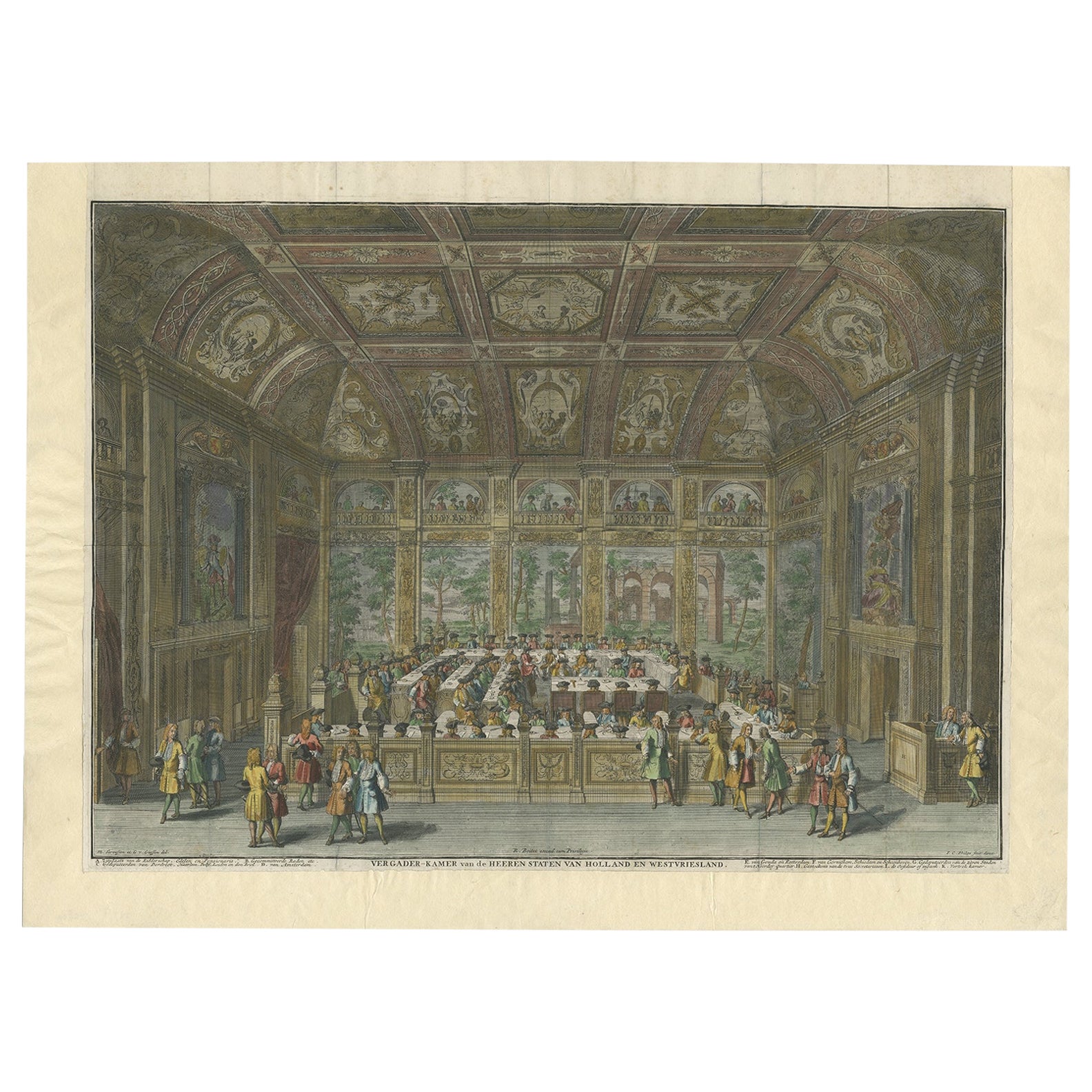 Grabado antiguo de la sala de reuniones del Senado holandés en La Haya, 1730