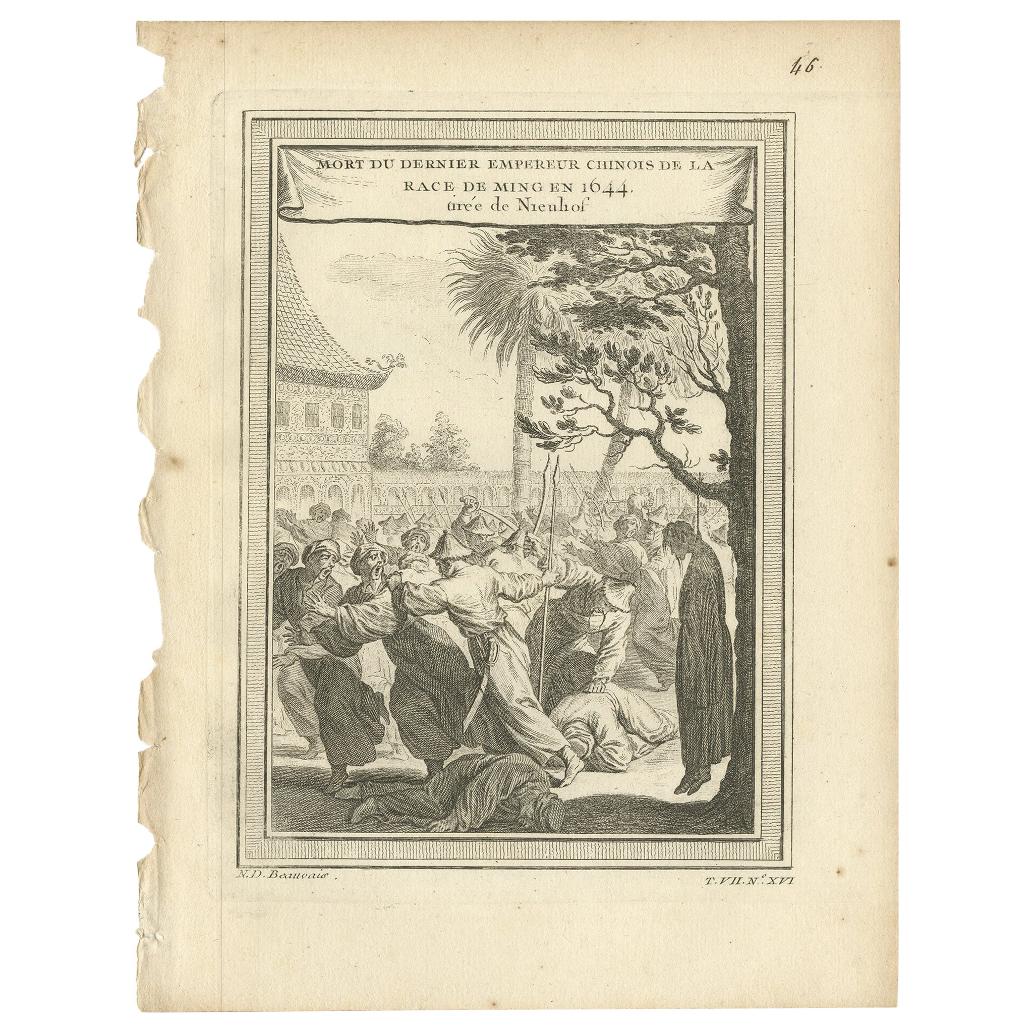 Antique Print of the Death of the Last Ming Emperor in China, 1746 For Sale