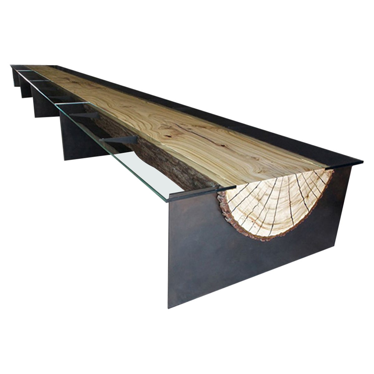 Moderner Esstisch mit gedrechseltem Log aus Glas und geschwärzten Stahlbeinen