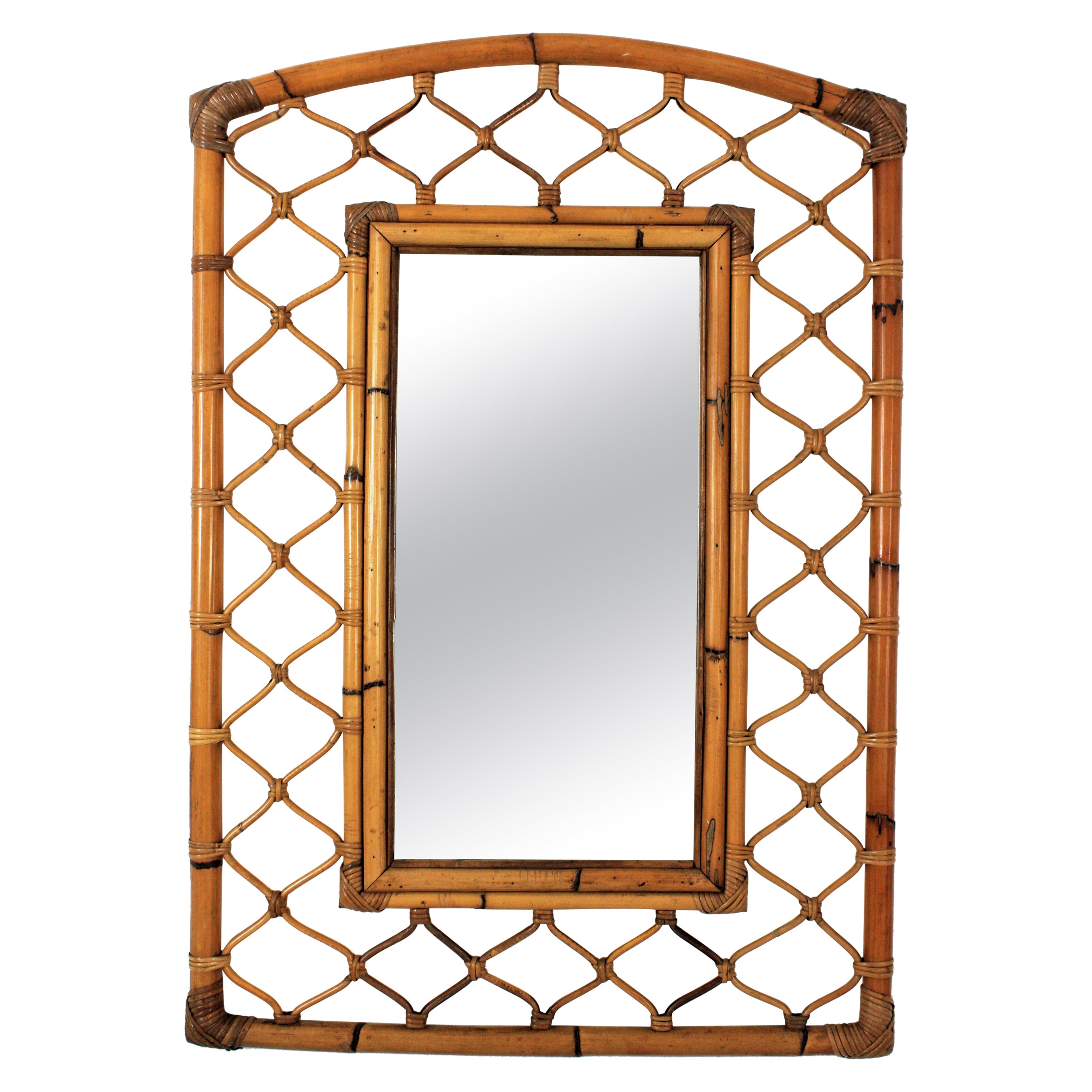 Rattan Bamboo Rectangular Large Mirror with Grid Frame, 1960s