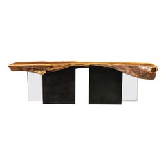 Banco reception moderno in acero spalted roundback con struttura in acrilico e acciaio annerito L