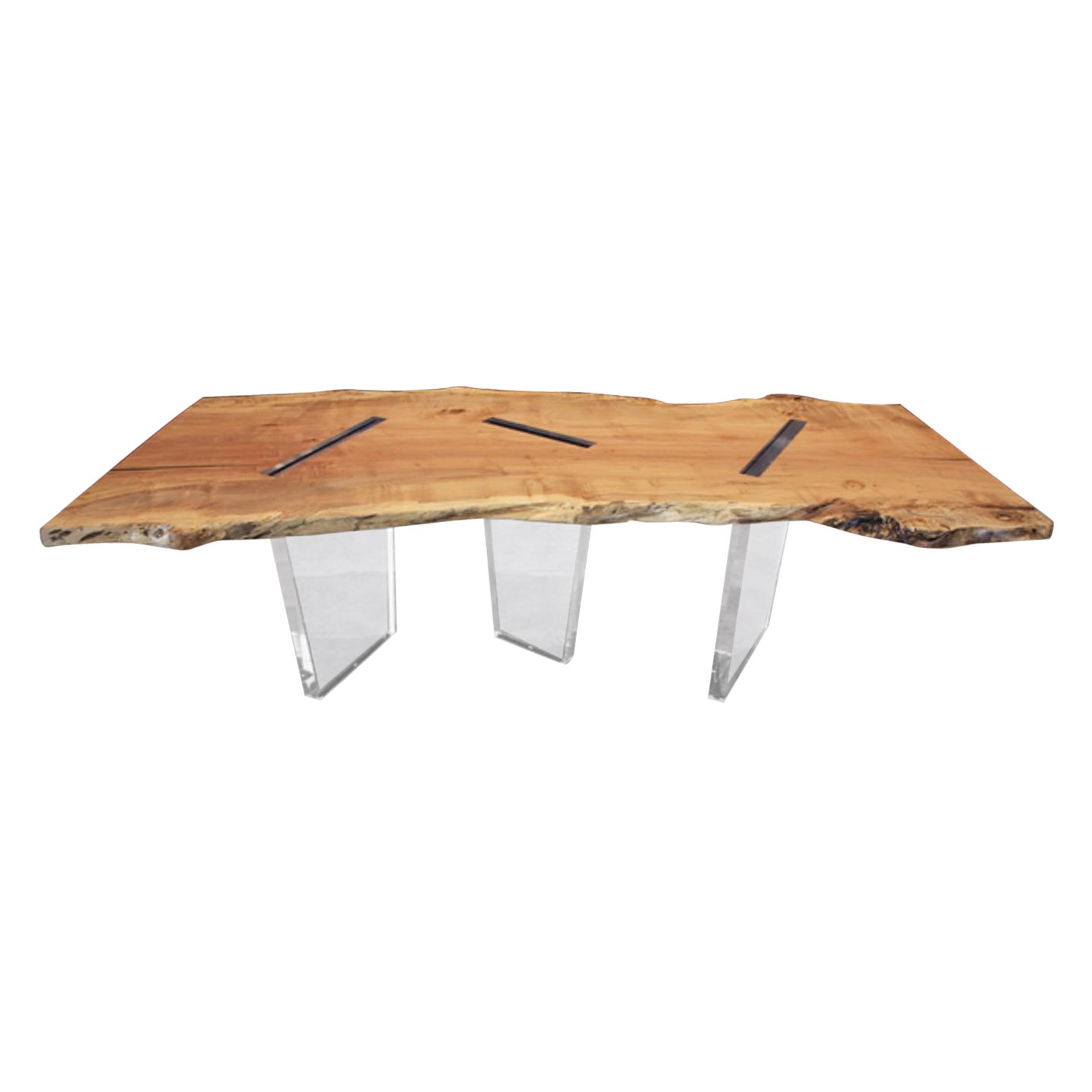 Moderner Esstisch aus Ahornholz mit 3 eingelassenen Acrylbeinen und naturfarbener Kante