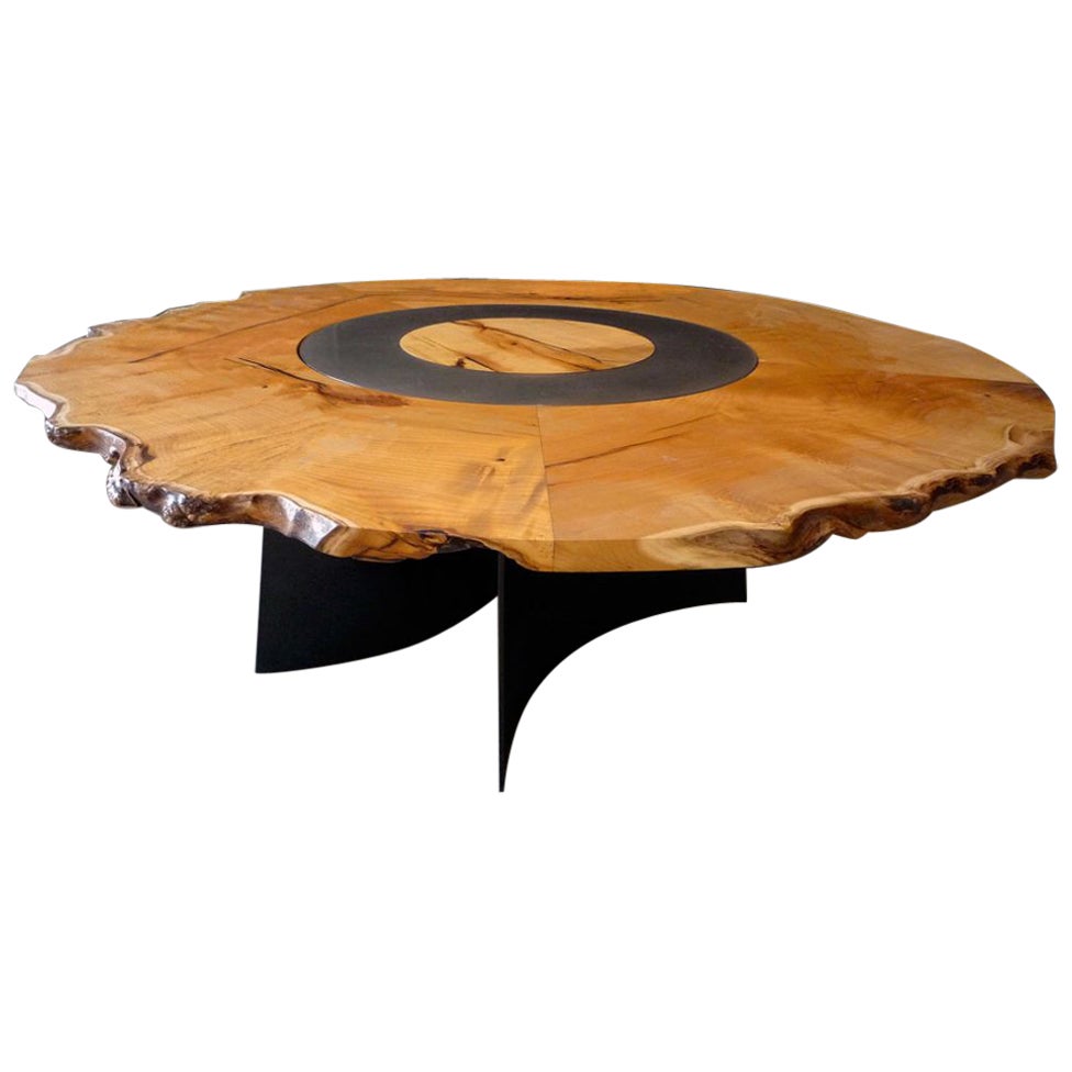 Modern Live Edge Mulberry Circle Dining Table with Blackened Steel Curved Legs For Sale
