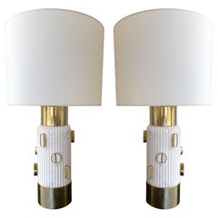 Contemporary Pair of Brass and Marble Lamps, Italy