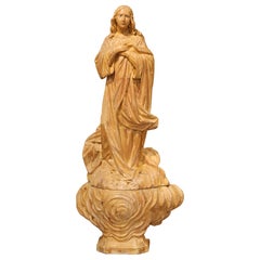 19th Century French Two-Piece Carved Pine Sculpture on Base with Glass Eyes