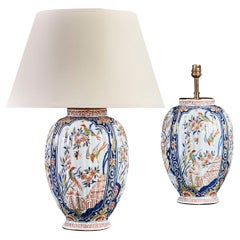 Pair of 19th Century Polychrome Delft Lamps