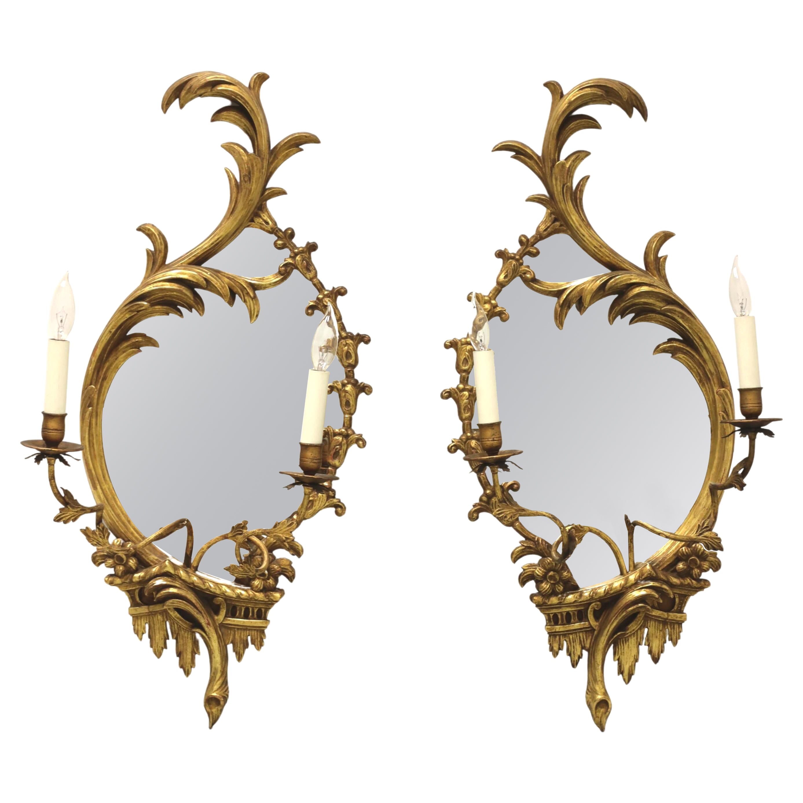 Early 20th Century Carved Wood Electrified Candle Mirror Wall Sconces - Pair A