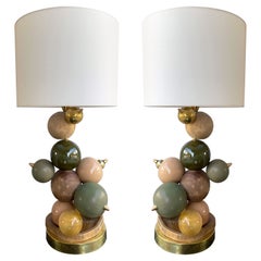 Contemporary Pair of Brass Murano Glass Wood and Ceramic Atomo Lamps, Italy