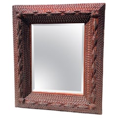 19th Century Tramp Art Frame with Heart Corners and Inset Mirror