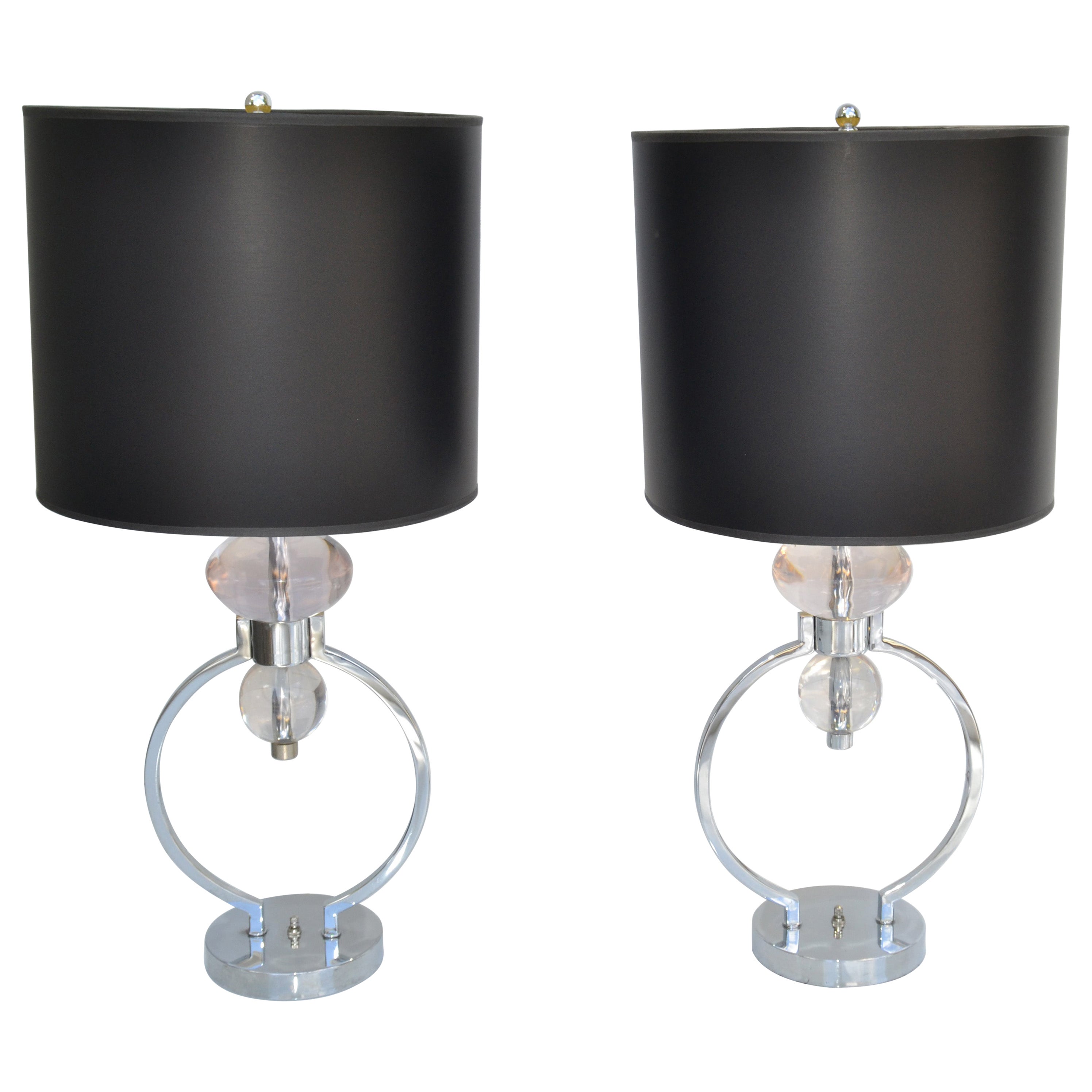 Pair, Van Teal Geometric Lucite, Chrome Table Lamps & Shades Mid-Century Modern
