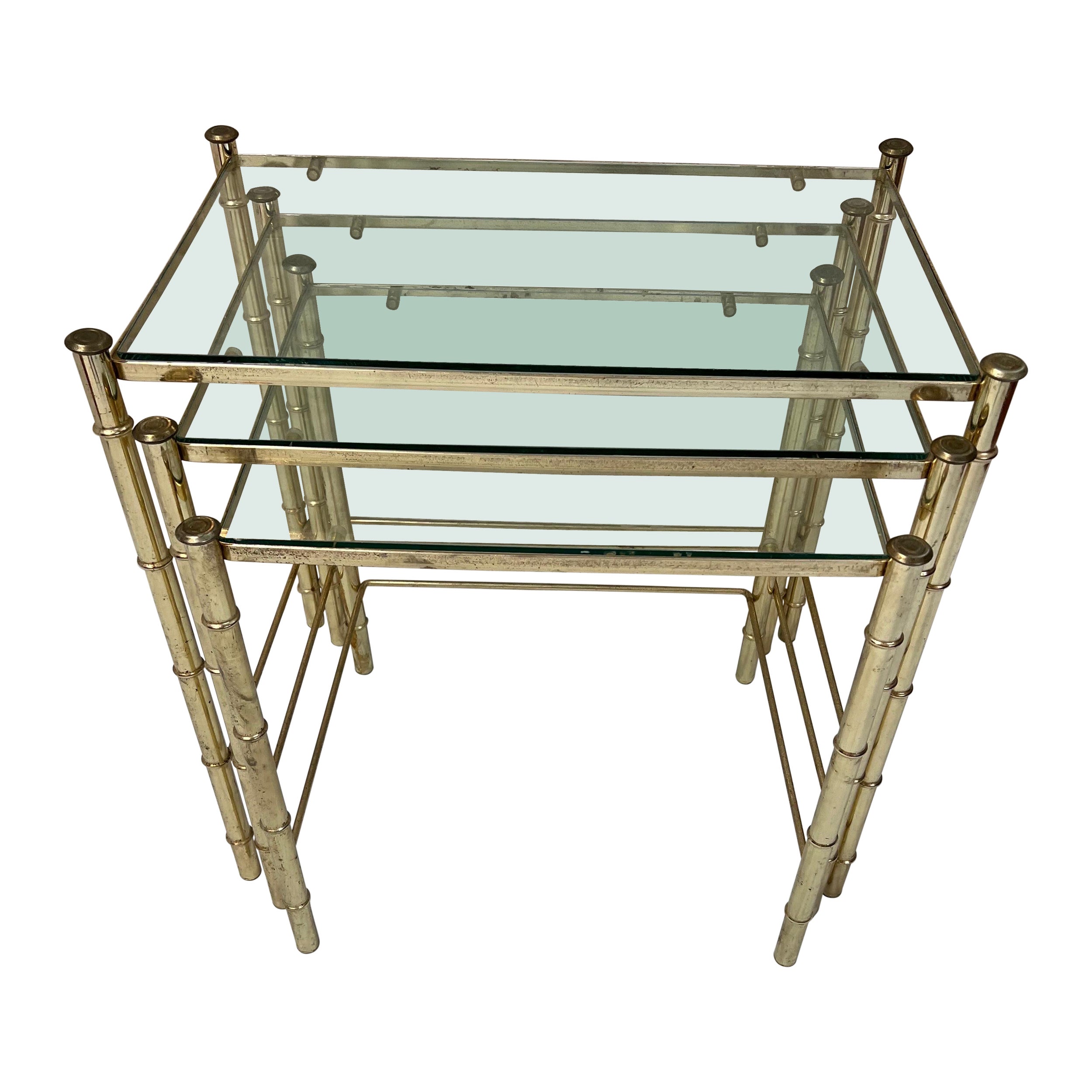 Set of Faux Bamboo Brass bamboo nesting tables with glass  For Sale
