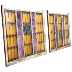 Antique Victorian Large Leaded Stained Glass Windows, Pair