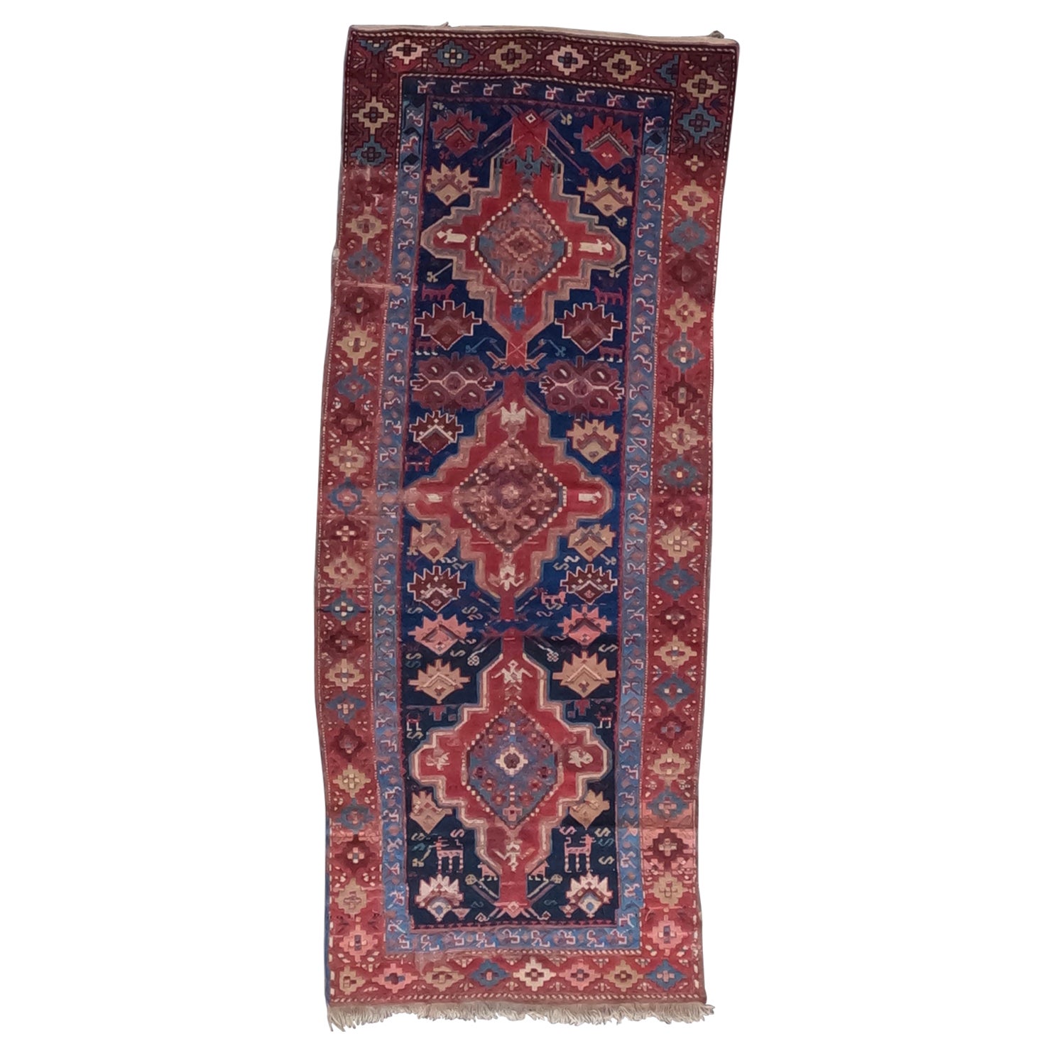 Antique Triple Medallion Caucasian Kazak circa 1900 For Sale