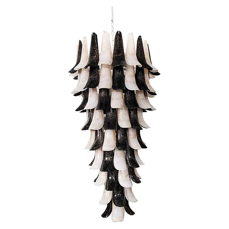 Italian Black White Murano Glass Petals Curved Leaves Tall Modern Chandelier