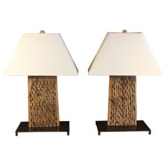 Pair of Custom 1970s Steel, Pine and Stone Table Lamps