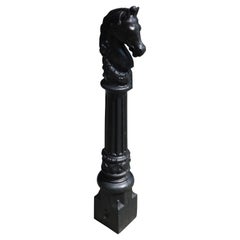 American Cast Iron & Painted Horse Head Fluted Ringed Hitching Post, Circa 1850