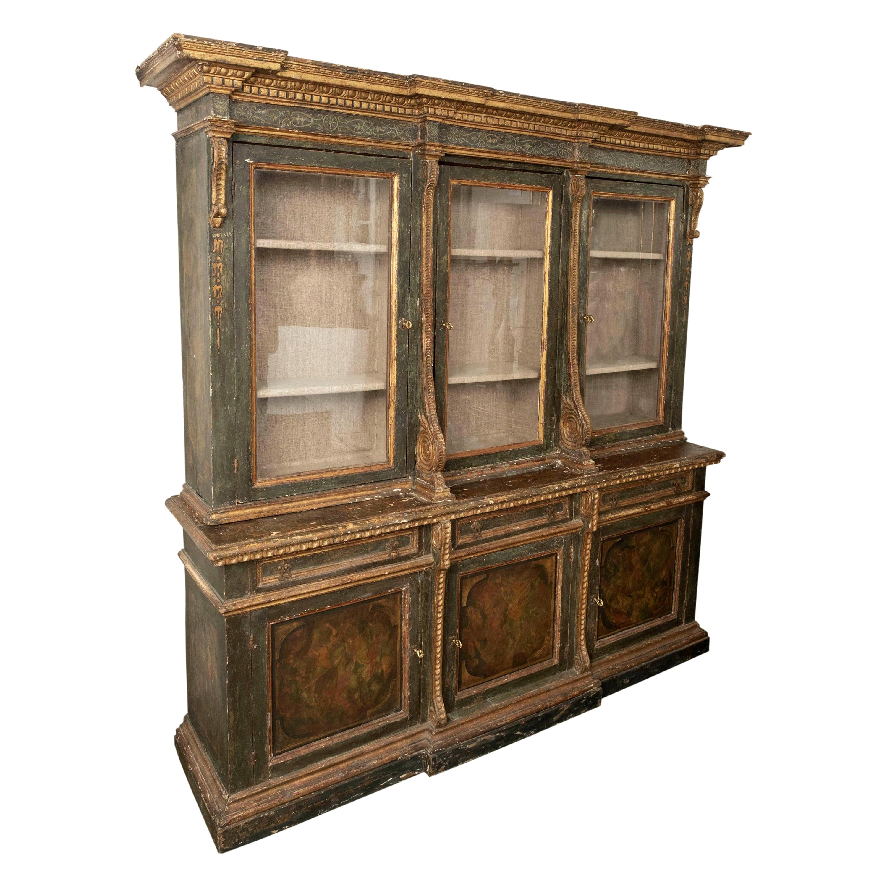 Italian Bookcase, 18th Century Painted And Parcel Gilt