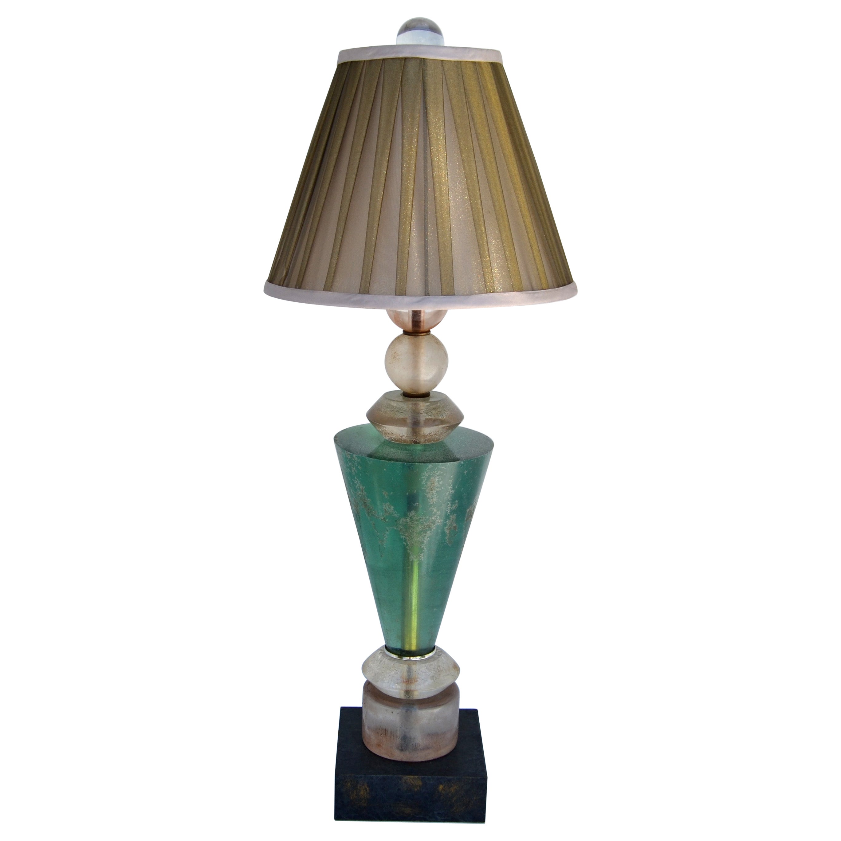 Van Teal Mid-Century Modern Green, Black & Gold Lucite Table Lamp Pleated Shade