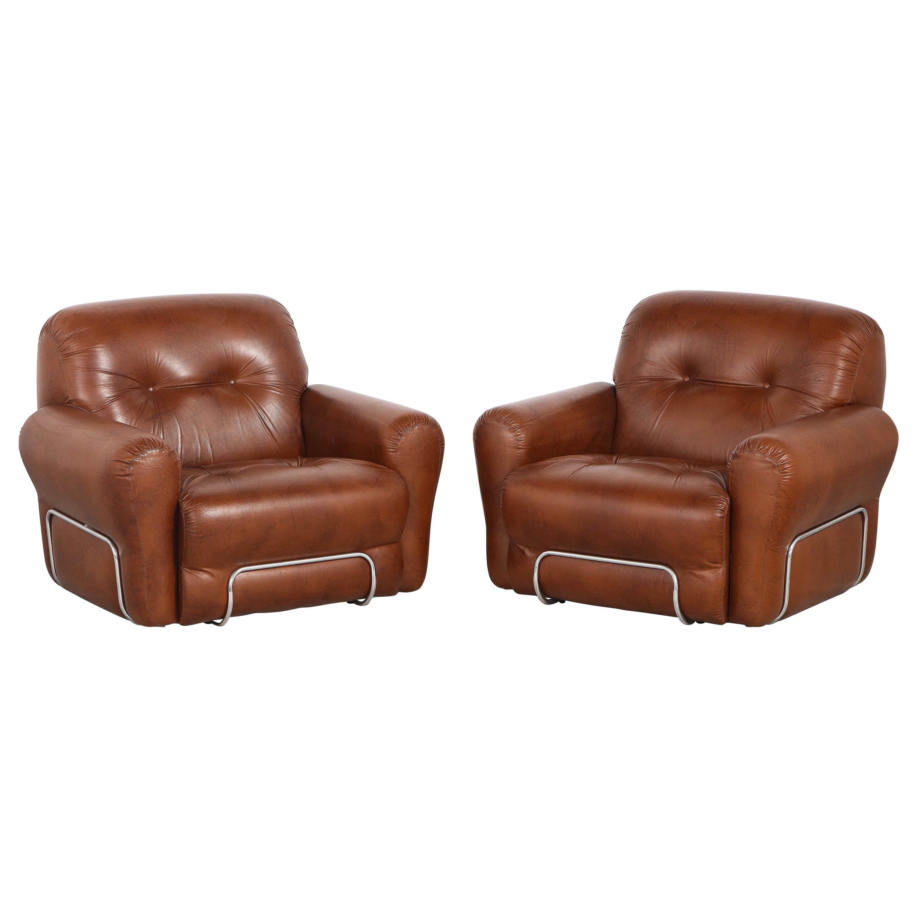 Pair of Adriano Piazzessi Italian 1970's Leather Tufted Lounge Chairs 