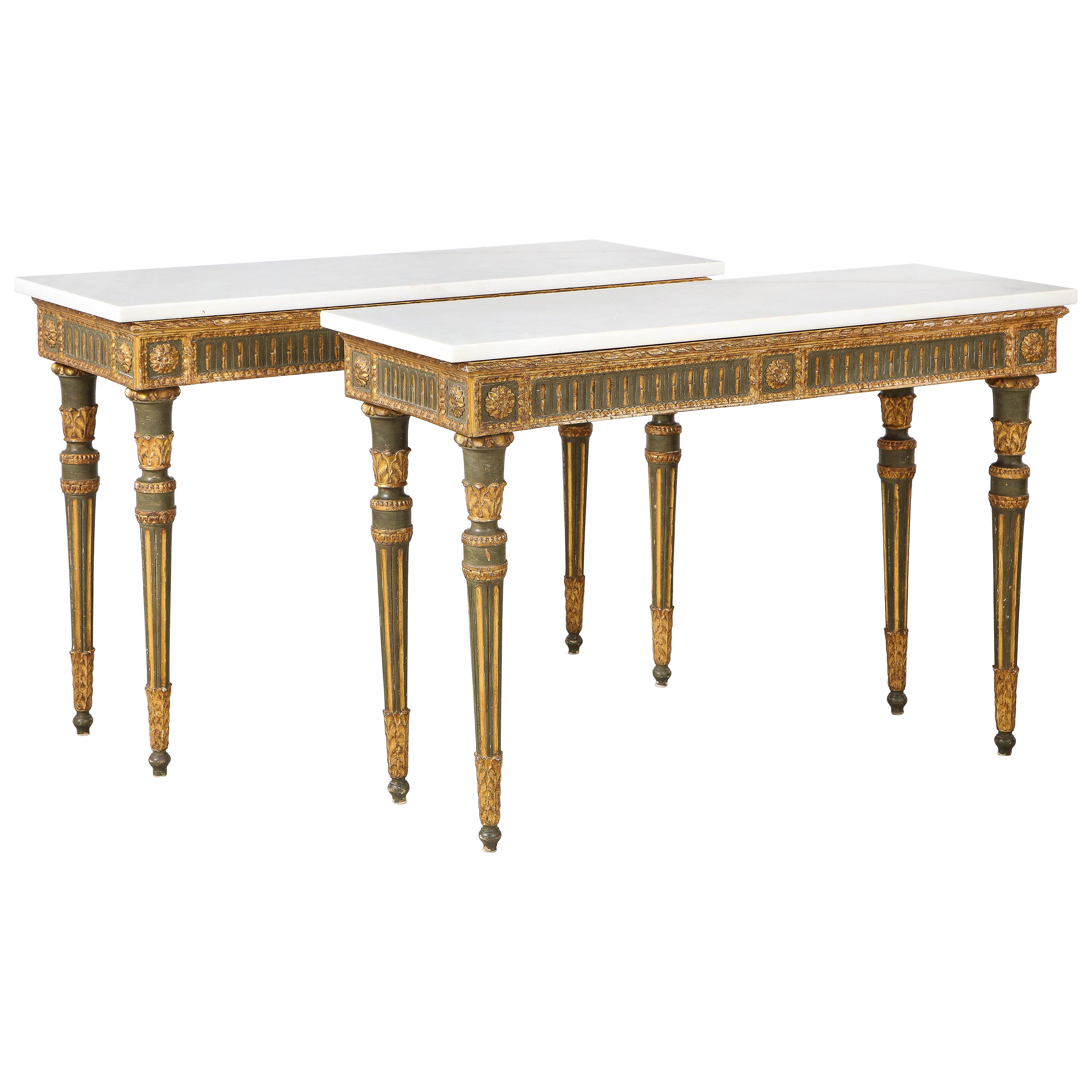 Pair of Italian Neoclassical Carved, Painted and Gilded Console Tables For Sale
