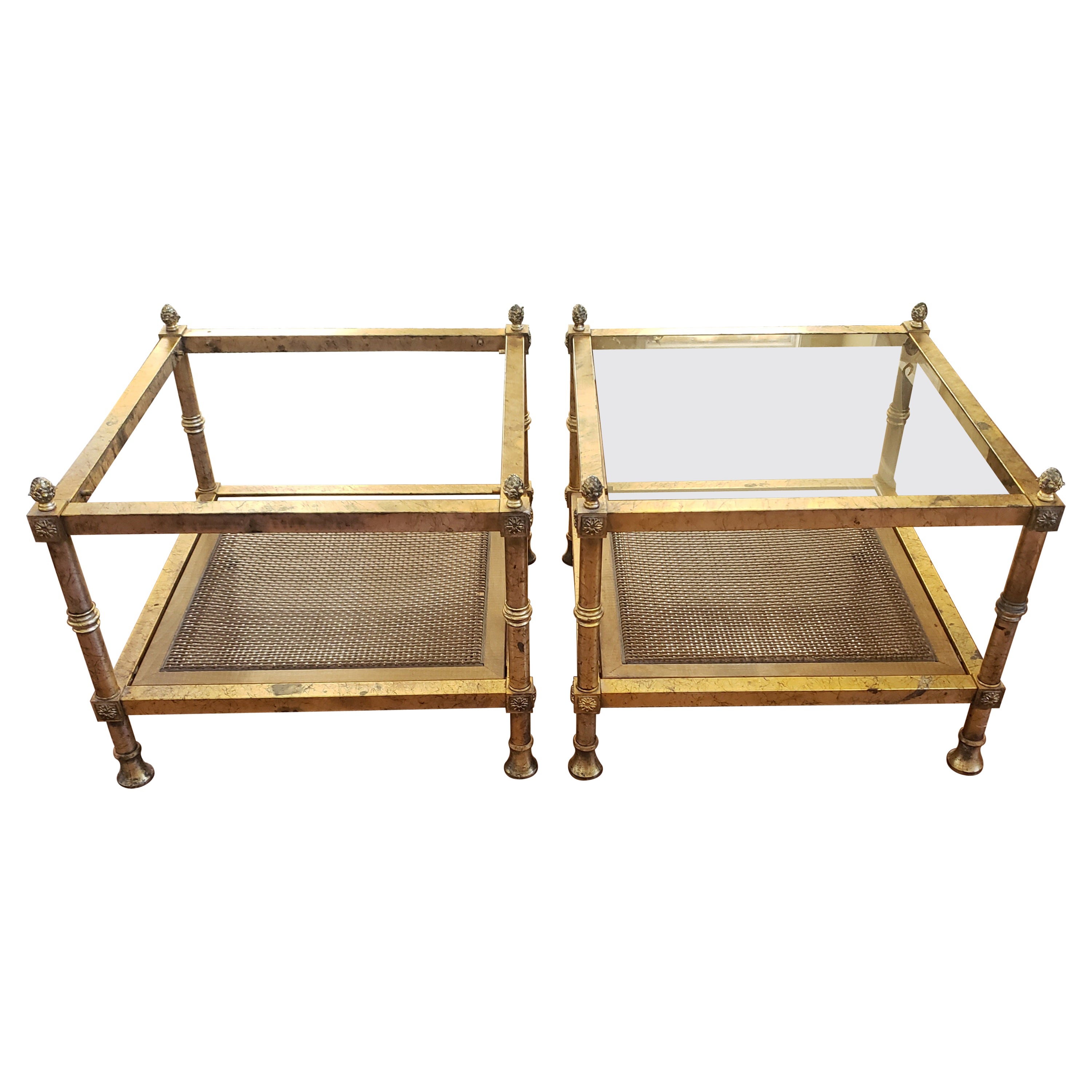 Maison Jansen Neoclassical Gilt Metal Wicker w Glass Inset Top Side Tables, Pair