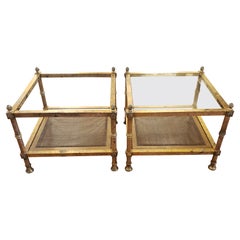 Maison Jansen Neoclassical Gilt Metal Wicker w Glass Inset Top Side Tables, Pair